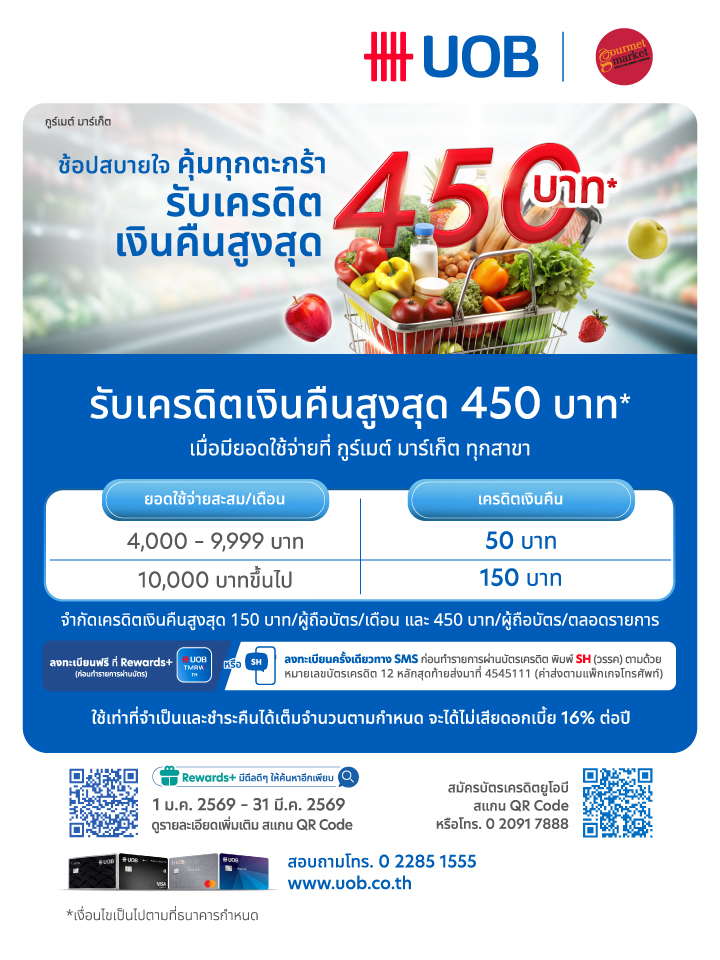 บัตรเครดิต UOB รับเครดิตเงินคืนรวมสูงสุด 450 บาท