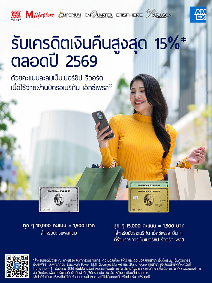 บัตร AMEX รับเครดิตเงินคืนสูงสุด 15%