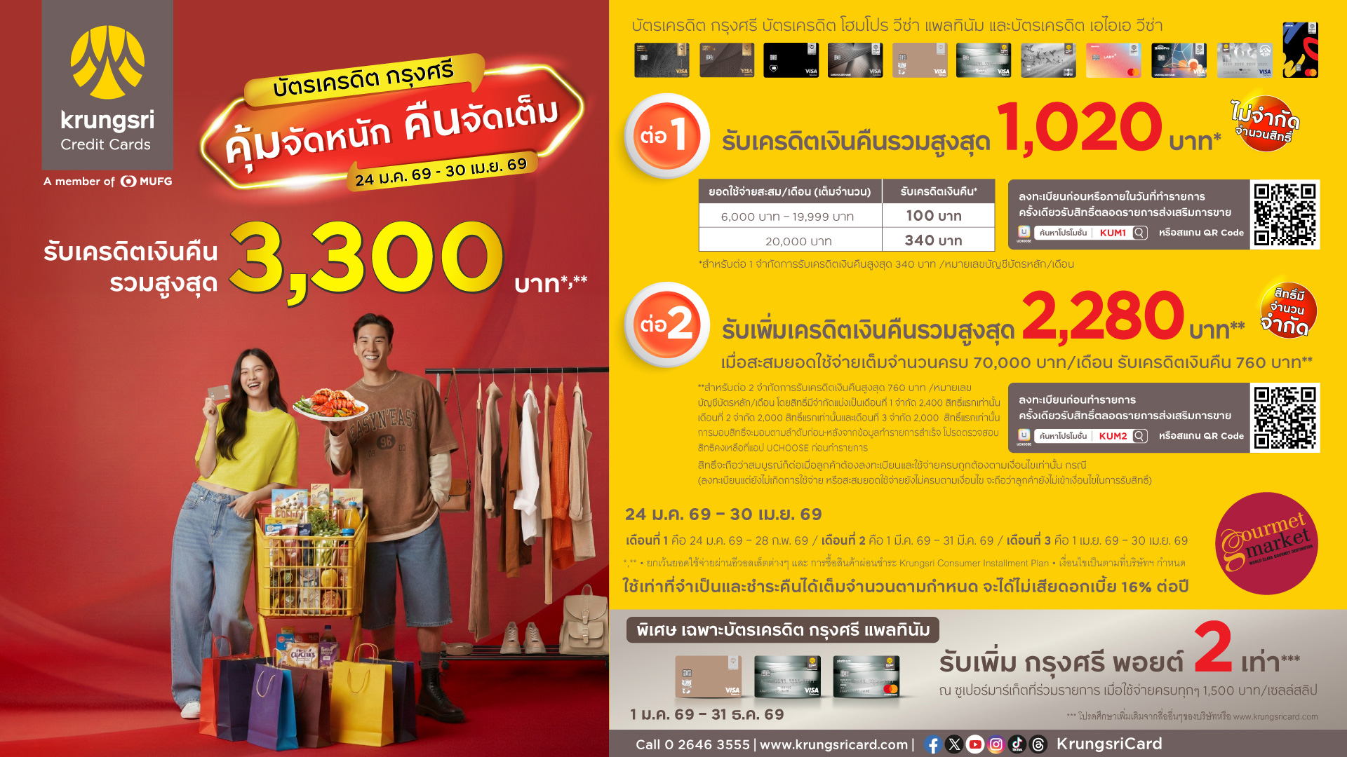 บัตรเครดิตกรุงศรี รับเครดิตเงินคืนรวมสูงสุด 3,300 บาท