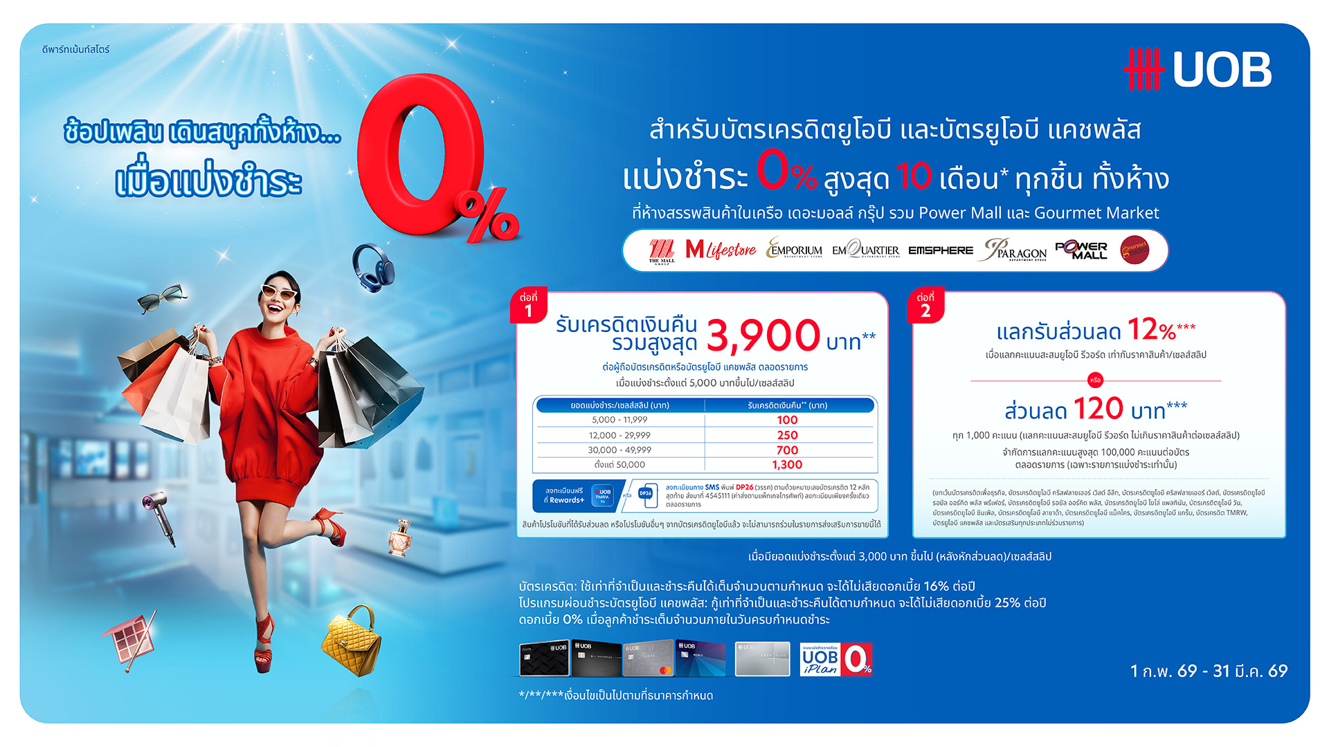 UOB แบ่งชำระ 0% รับเครดิตเงินคืนรวมสูงสุด 3,900 บาท + แลกรับส่วนลดเพิ่ม 12%