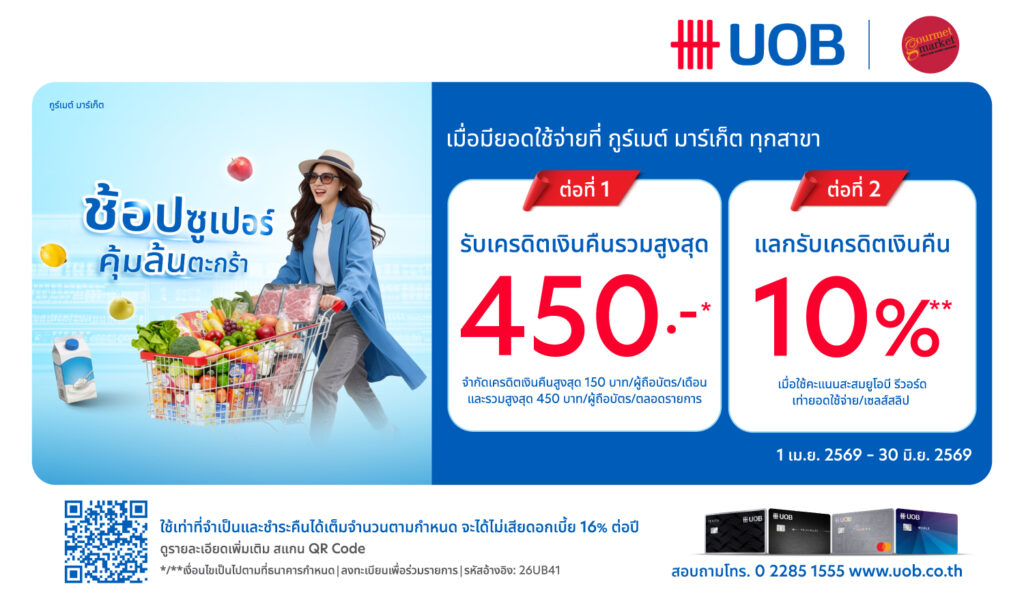 UOB รับเครดิตเงินคืนรวมสูงสุด 450 บาท และแลกรับเครดิตเงินคืน 10% 2026