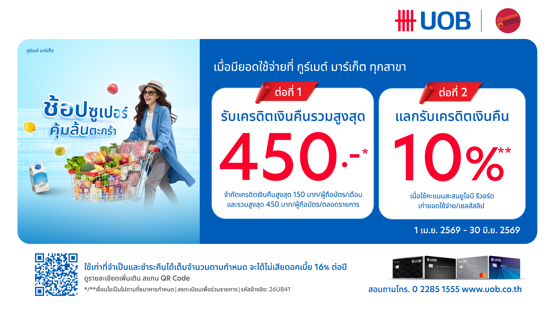 UOB รับเครดิตเงินคืนรวมสูงสุด 450 บาท และแลกรับเครดิตเงินคืน 10% 2026
