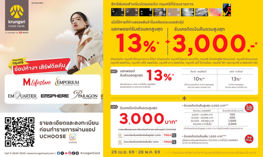 KCC แลกรับส่วนลดเพิ่มสูงสุด 13% และรับเครดิตเงินคืนรวมสูงสุด 3,000 บาท