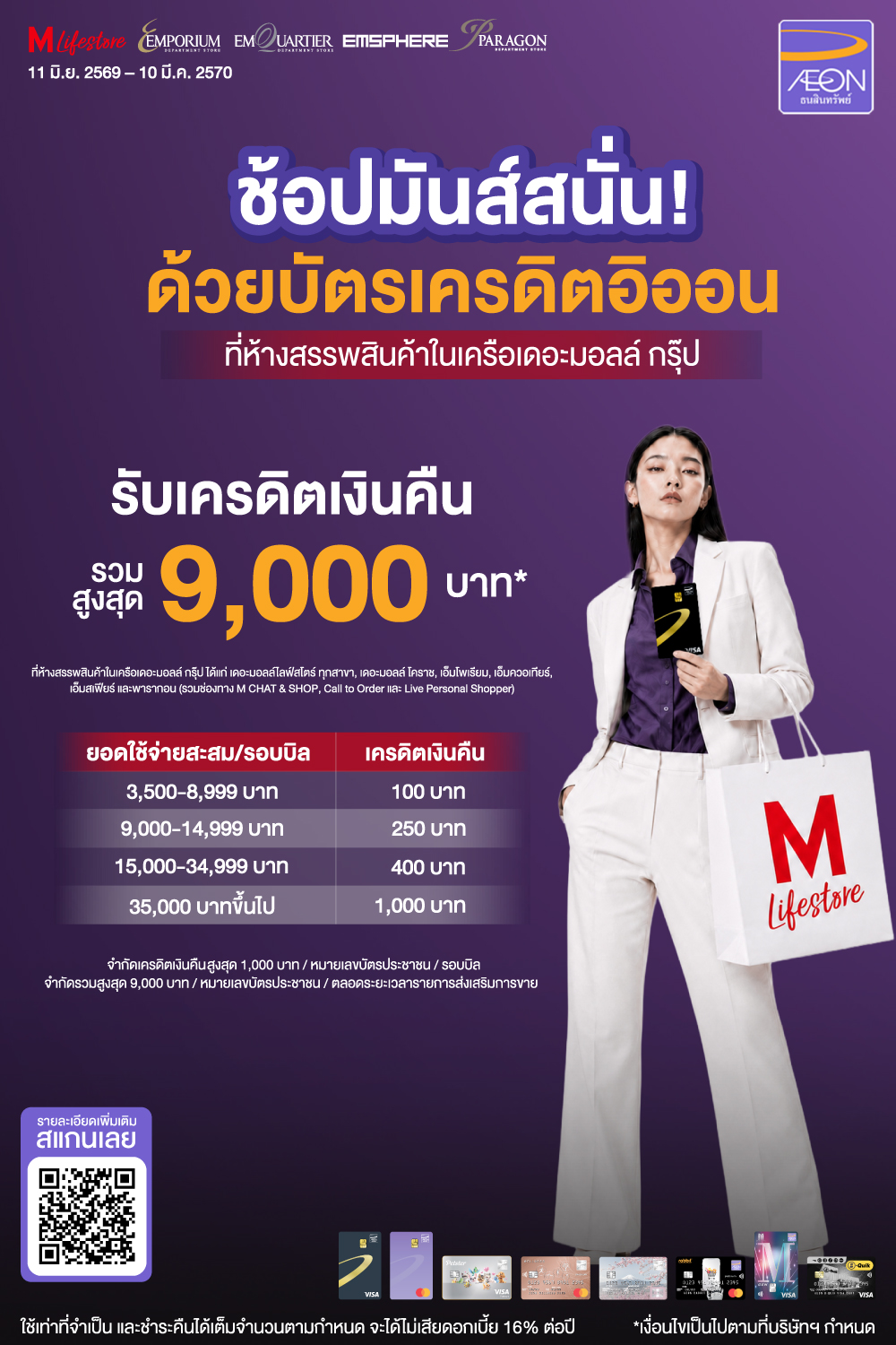 บัตรเครดิต AEON รับเครดิตเงินคืนรวมสูงสุด 9000 บาท
