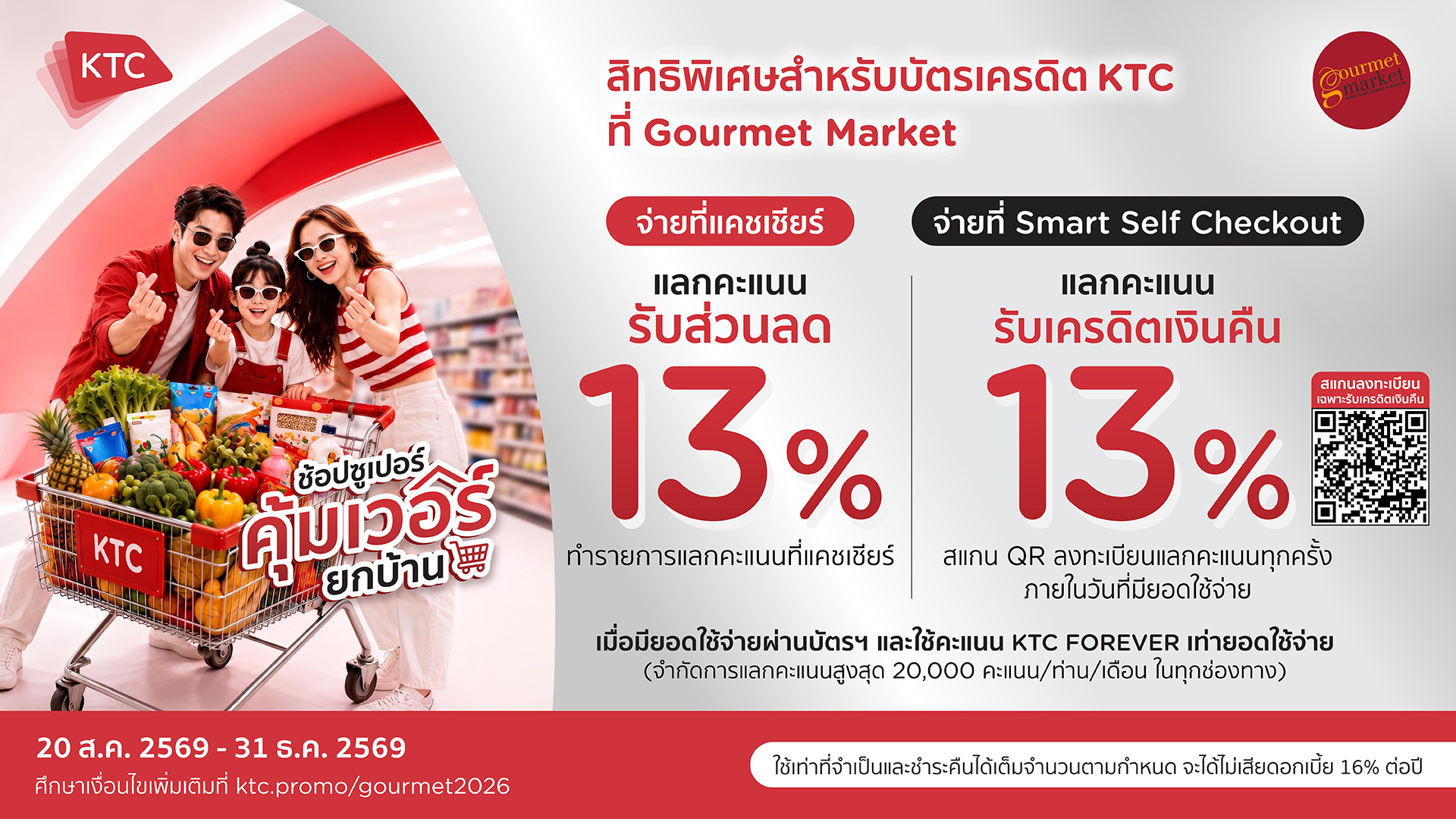 KTC แลกรับส่วนลดเพิ่ม หรือเครดิตเงินคืน 13% ที่ Gourmet Market ทุกสาขา